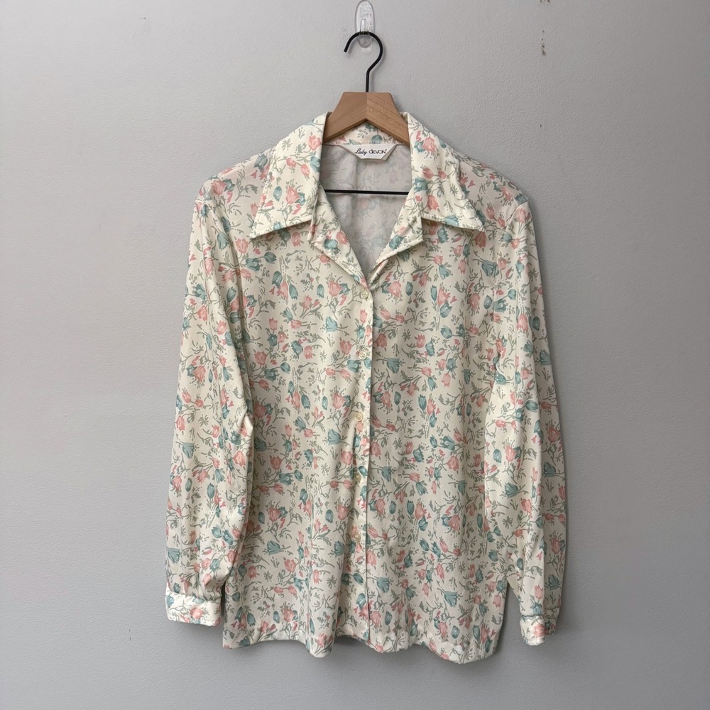 Vintage Lady Devon Women's Floral Blouse Shirt L/XL Dagger Collar 70s 80s